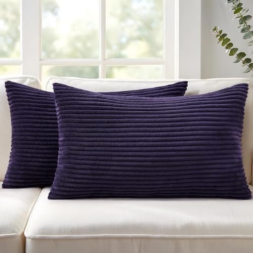 Image of Mecatny Corduroy Decorative Throw Pillow Covers 12x20 Set of 2 for Sofa Living Room, Soft Neutral Boho Couch Pillow Covers for Home Decor, Dusty Purple