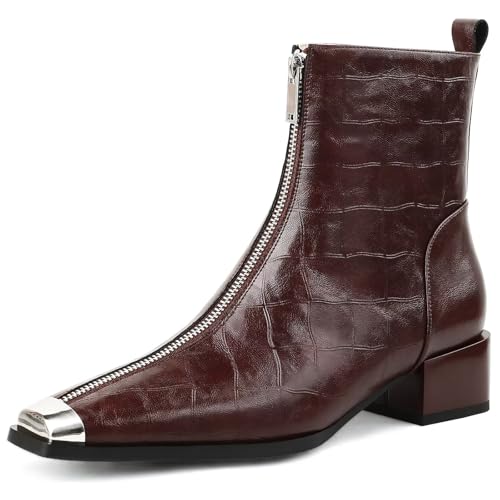 Husmeu Womens Ankle Boots Low Chunky Heel Short Genuine Leather Zip Up Metal Toe Fall Booties with Front Zipper