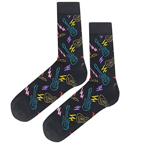 Black Light Guitar Dress Socks Funny Novelty Crazy Fun Design Men Size 8-12 Cotton Casual Crew Colorful Funky Fancy Socks Gift for Men