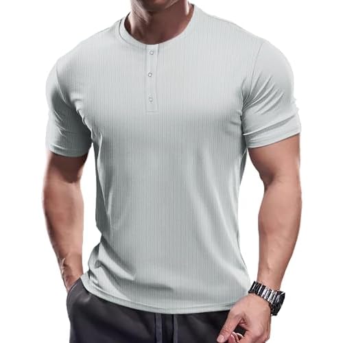 Muscle Cmdr Men's Stretch Henley T Shirts Slim Fit Short & Long Sleeve Casual Stylish Tee Business Top Z-grey Small