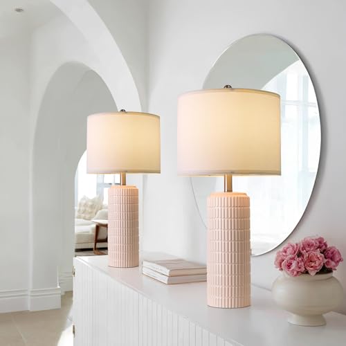 Image of PoKat 27.5 inch Pink Ceramic Table Lamps for Girls Room Set of 2, Modern Bedroom Lamps, Bedside Lamps for Night Stands Living Room, Cute Lamps Pink Decor, Nightstands Desk Nursery