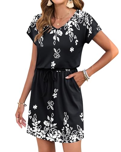 Image of AUSELILY Womens Summer Mini Dress, Short Sleeve V Neck Drawstring Casual | Soft smooth drape with an adjustable drawstring waist for beach, casual outings and daily wear
