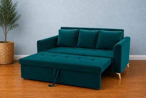 Image of Adorn India Premium Mystic - 3 Years Warranty - 3 Seater Sofa Cum Bed Velvet Suede Fabric - Ocean Blue