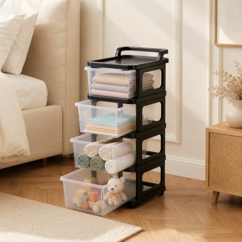 Image of Heavy Duty Plastic Storage Drawer with Wheels | Modular Cabinet for Bedroom, Office, Home or Classroom| Chest of Drawers Organiser for Cosmetics, Kitchen items, Toys (Transparent, 4)