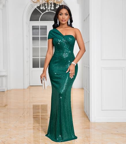Image of Cololura Women Sexy Sequin One Shoulder Mermaid Formal Party Cocktail Gowns Bodycon Evening Maxi Dress