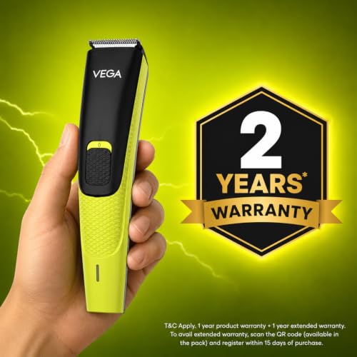 Image of VEGA Alpha Lite Beard Trimmer for Men, Self-Sharpening Blades, Trimmer for Man, 4 Comb Attachment, Up to 6 Weeks Runtime 1 Charge, USB Type-C 2X Fast Charging, 2 Yrs Warranty(VHTH-44)