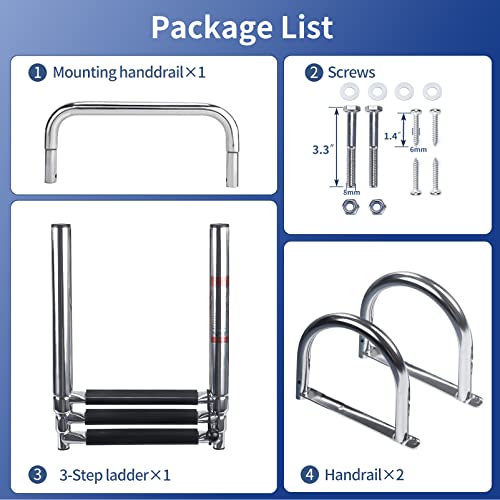 Marinebaby 3 Steps Pontoon Boat Ladder, Stainless Steel Folding Telescoping Rear Entry Inboard Ladder Heavy Duty Custom Swim Deck Ladder with Pedal Hand Railing Ladder - Thumbnail 7