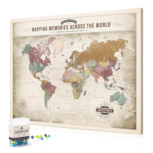 Image of DECORARTS - Large World Travel Map with Pins, Pin Board Canvas Wall Art, Soft Vintage Pastel World Maps for Wall, Giclee Print on Canvas, Handcrafted in USA, 35x28''