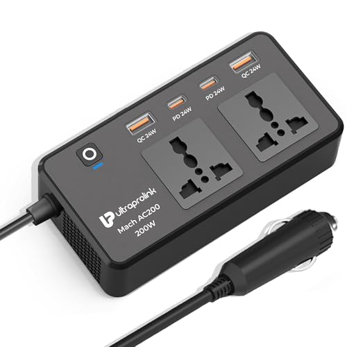 Image of ULTRAPROLINK 6 in 1 200W Car Laptop Charger|Car Power Inverter|6 Ports-2 Universal AC Sockets, 2 Type C (PD-24W) & 2 USB-A (QC3.0-24W) |Total USB- 96W|12V DC to 220V AC|6 (+3*) Months Warranty, Black