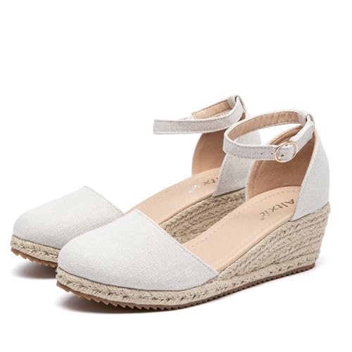 Image of Altxic Women's Closed Toe Canvas Ankle Strap Espadrilles Wedge Sandals