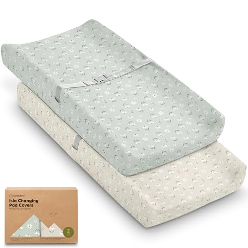 Image of 2-Pack Baby Changing Pad Cover for Girl, Boy - 34x18 Soft Viscose Derived from Bamboo Baby Diaper Changing Table Pad Cover Sheets, Neutral, Snug Fit Nursery Diaper Change Sheets (Daisies)