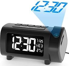 LIORQUE Projection Alarm Clock for Bedroom with FM Radio, 180° Projector Clok with Temperature, Type-C Charger, Snooze Weekend Mode, VA Display with 4-Level Dimmer for Kids, Senior, Heavy Sleepers