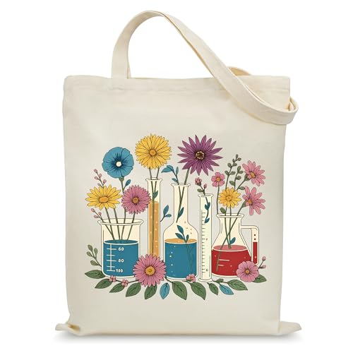 KONSOM Canvas Aesthetic Tote Bag for Science Teacher Chemistry Biology Laboratory Lab Tech Women with Pockets Graduation Shopping Work Gym Birthday Christmas Gifts