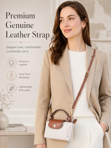 Image of Purse Organizer Insert & Leather Strap Conversion Kit Set, Compatible with Longchamp Le Pliage Mini Bag - Felt Inner Liner & Adjustable Shoulder Strap, Beige