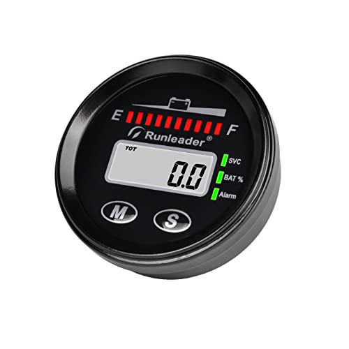Runleader LED Battery Fuel Gauge Hour Meter Voltage Alarm Waterproof Snap-in Design for 12V 24V 36V 48V Battery Lead-Acid LiFePO4 Trojan Gel AGM Applied for Club Car Marine ATV Motorcycle
