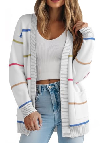Sidefeel Women's Lightweight Cardigan Sweaters Open Front Long Sleeve Casual Striped Cardigans with Pockets