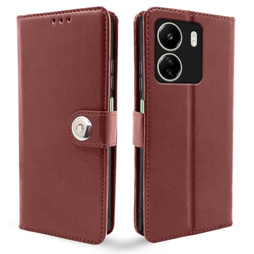 Image of Pikkme Redmi 13C 4G | Poco C65 Flip Cover Leather Finish | Inside TPU with Card Pockets | Wallet Stand and Shock Proof | Complete Protection Button Flip Case (Brown)