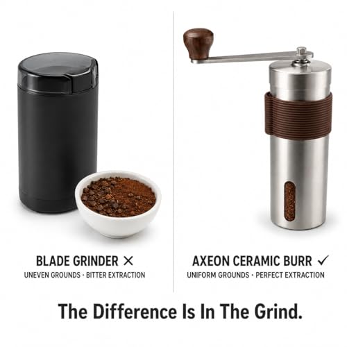 Image of AXEON Manual Coffee Grinder | Hand Coffee Grinder with Adjustable Ceramic Burr | Stainless Steel Coffee Bean Grinder | Portable Coffee Grinder for Espresso, Pour Over, French Press & Moka Pot