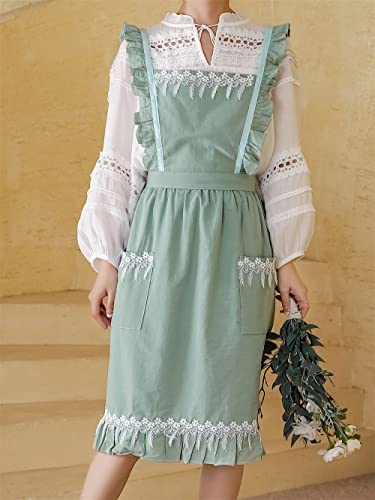 Vanoker Women Girls Pleated Cotton Lace X Back Long Aprons Home Kitchen Garden Art Pinafore Florist Shop Overalls (Green, 35.4L) #TOP5