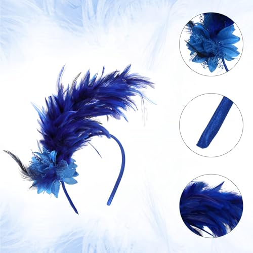 MWOOT Feather Headband, 1920s Feathered Headpiece, Blue Roaring 20s Fascinators for Women Artificial Flower Feather Headwear - Image 2