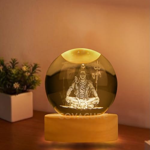Image of COVACURE 3D Shiv Crystal Ball Night Lamp, Solar System Shiv Idol Crystal Ball Night Light, USB Table Colorful LED Wooden Base Lamp for Home, Office, Birthday Gift