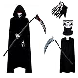 Unpifolov Grim Reaper Cloak Halloween Cosplay Costumes Unisex Adult Death Scary Robe Ghost Hooded Cape Outfit Robe Scythe Mask Glove 4 pcs B-Adult