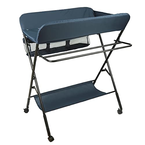 Table à langer pliable avec paniers et matelas à langer pour bébé - avec roues,Table à langer pliante portable avec étagère de rangement et panier pour nouveau-né de 0 à 12 mois (bleu foncé)