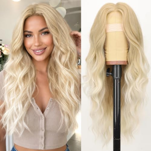 Image of AISI HAIR Platinum Blonde Wig for Women, Wavy Synthetic Lace Wig 26Inch