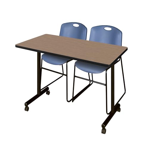 Image of Regency Kobe 48 x 24 in. Mobile T-Base Training Table- Noble Oak, 2 Zeng Stack Chairs- Blue