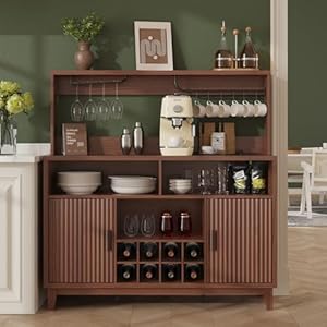 Vabches Fluted Coffee Bar Cabinet with Charging Station, 47.2″ W Home Bar Furniture with Removable Wine Rack, Glass Holder, Modern Liquor Cabinet for Kitchen, Dining, Living Room, Entryway, Walnut