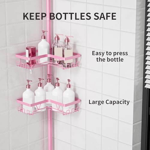 Image of KEGII Shower Caddy Tension Pole, 4-Tier Rustproof Adjustable Corner Bathroom Organizer for Renters, 25-114.2 Inch No Drill Space-Saving Shower Storage Rack, Pink