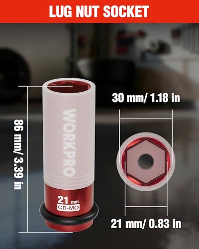 Image of WORKPRO 1 /2 inch Drive Lug Nut Impact Duty Socket, 21mm Deep Thin Wall Socket, Made of Premium Cr-Mo Steel, Non-Marring Lug Nut Wheel Sockets for Car