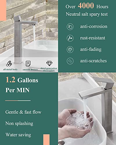 Kuzor Vessel Sink Faucet Single Hole 1 Handle, Tall Brushed Nickel Bathroom Faucets With Metal Pop Up Drain, 304 Stainless Steel Square Modern Faucet For Bowl Sink 12.5 Inch #TOP3