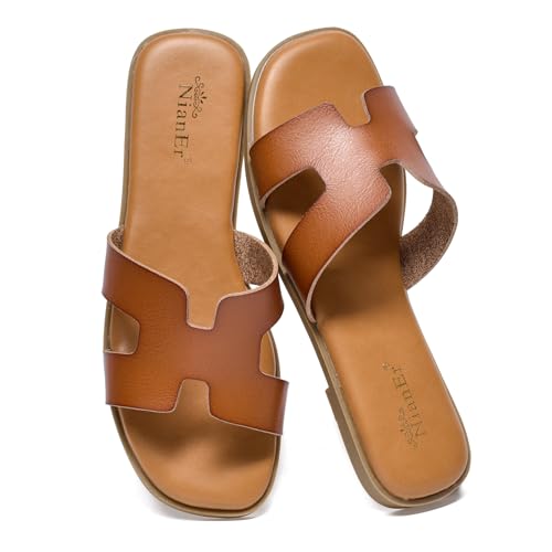 NianEr Womens Microfiber Leather Comfort Foam Support H Sandals Square Toe Dress Dressy Slip On Casual Cute Comfort Bride Bridal Wedding Designer Date Flat Sandals Summer Shoes Slides