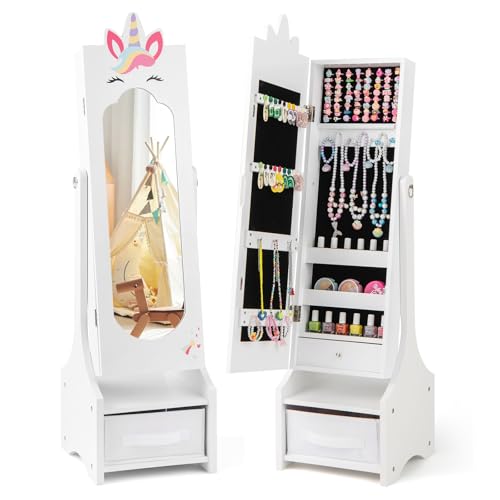 HOMFME Armoire a Bijoux Enfant Autoportant avec Miroir Psyshe, Armoire a Bijoux avec 2 Angles d’Inclinaison, Motif Licorne, Tiroirs Pliable et Crochets 31,5 x 30 x 115 CM, pour Filles 3+ Ans (Blanc)