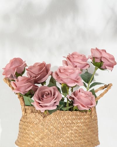 DuHouse 10pcs Silk Roses Artificial Flowers Fake Rose for Arrangement Wedding Party Home Decoration (Dusty Rose) image 6