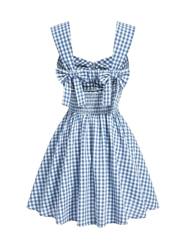 Floerns Women's Plaid Ruched Bust Sleeveless Vintage Bowknot Pleated Short Dresses Blue and White Small