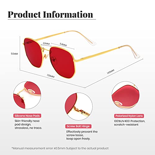 Veda Tinda Vision Red Sunglasses For Women And Men Trendy Retro Polygon Red Polarized Tac Lens Metal Frame Uv400 Protection Eyeglasses Chain C05S05 #TOP4