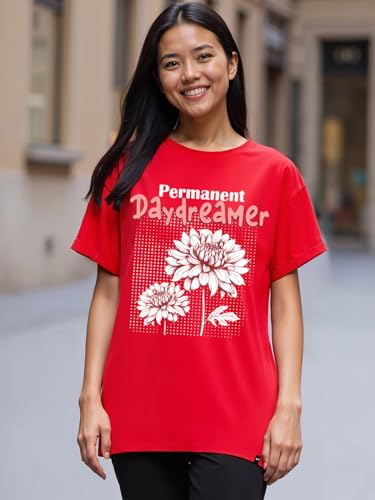 Image of Bewakoof Women's 100% Cotton Typography Boyfriend Fit Half Sleeve Round Neck T-Shirt | Casual wear | Streetwear | Oversized Tshirt for Woman Cotton| Baggy