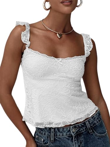 SANSIWU Women's Lace Floral Surface Fly Sleeve Cami Tops Sexy Sleeveless Open Back Tank Vest Summer Y2k Slim Fit Low Cut Camisole (A-White, M)