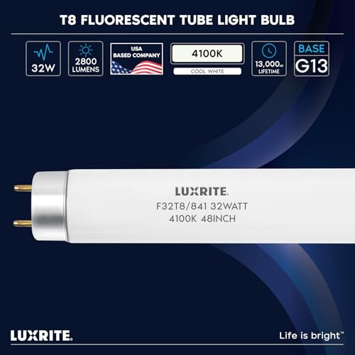 Image of Luxrite F32T8 /841 32W 48 Inch T8 Fluorescent Tube Light Bulb, 4100K Cool White, 2800 Lumens, G13 Medium Bi-Pin Base, LR20732, 6 count (Pack of 1)