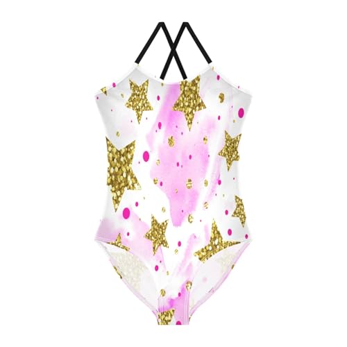 Gold Stars Pink Tie Dye One Piece Swimsuit for Girls, Summer Beach Swimwear, 3-10