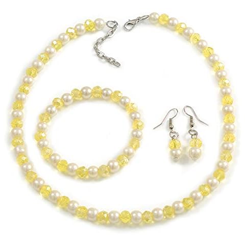 Avalaya 8mm/Lemon Yellow Glass Bead and White Faux Pearl Necklace/Flex Bracelet/Drop Earrings Set - 43cmL/4cm Ext Cover