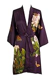 Women's Charmeuse Kimono Robe Short - Watercolor Floral - Peony & Butterfly- Plum (purple), Charmeus