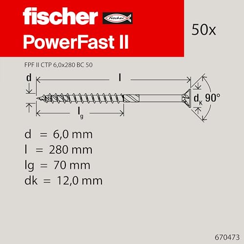 Fischer Viti Power Fast Ii Fpf Ctp 6,0X280 Per Legno, Filetto Parziale, Torx, Testa Svasata Piana, Zincatura Bianca (50 Pz.) - 2