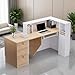 L-Shaped Large Wooden Reception Desk, Modern Front Desk Reception Counter with Lockable Drawers & Storage & Keyboard Tray, for Checkout, Lobby (Left-Natural Wood/White, 71''L x 42''W x 41''H)