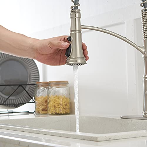 Bwe Kitchen Sink Faucet Brushed Nickel High Arc Single Handle With Pull Down Sprayer 3 Function Commercial Kitchen Faucet With Oversized Deck Plate Lead-Free Gooseneck Rv Solid Brass Bar Faucets #TOP7