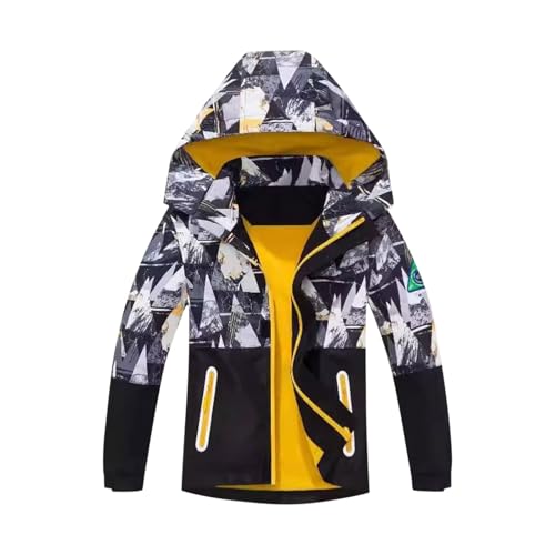 Toddler Kid Boys Girls Printed Windbreaker Jacket Fleece Lined Water-Repellent Hoodie Coat Raincoat for 3-14Y