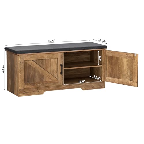 Image of HOMSHO Farmhouse Shoe Storage Bench with 2 Barn Doors & Padded Seat Cushion | 39.4 inch Wide Entryway Bench with Adjustable Shelves & Hidden Storage, Rustic Walnut