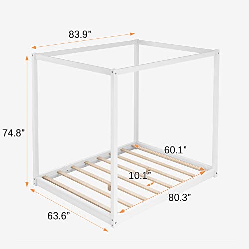 Merax Wooden Canopy Platform Bed Frame Queen Size Floor Bed/Mattress Foundation With Slat Support White #TOP1